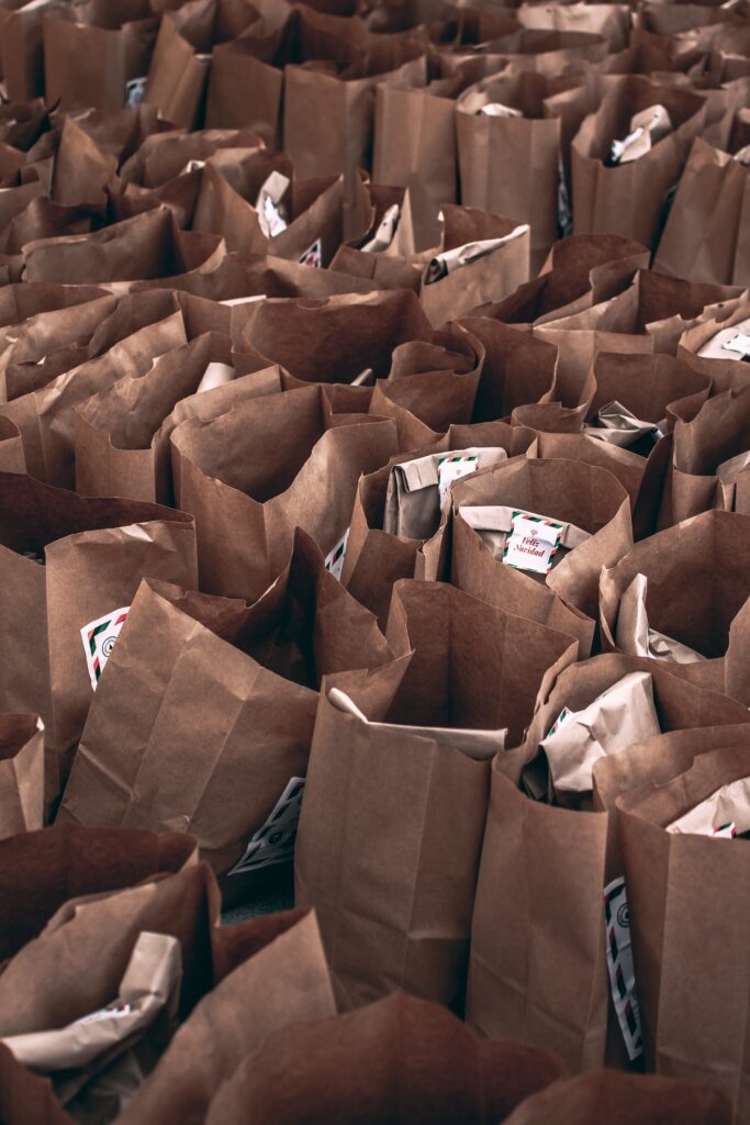 Grocery bags filled with food at a food drive